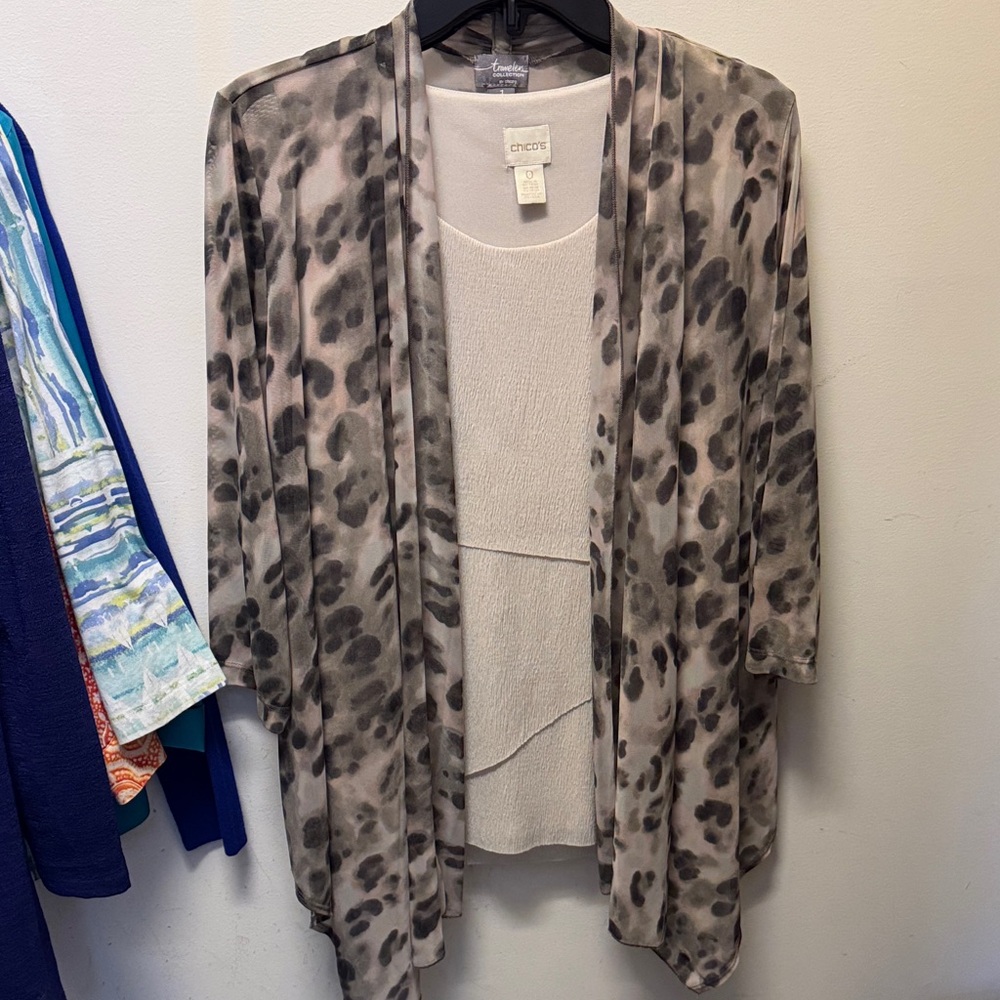 Chico's Taupe & Gray Leopard Print Open Drape Cardigan - Picture 5 of 5